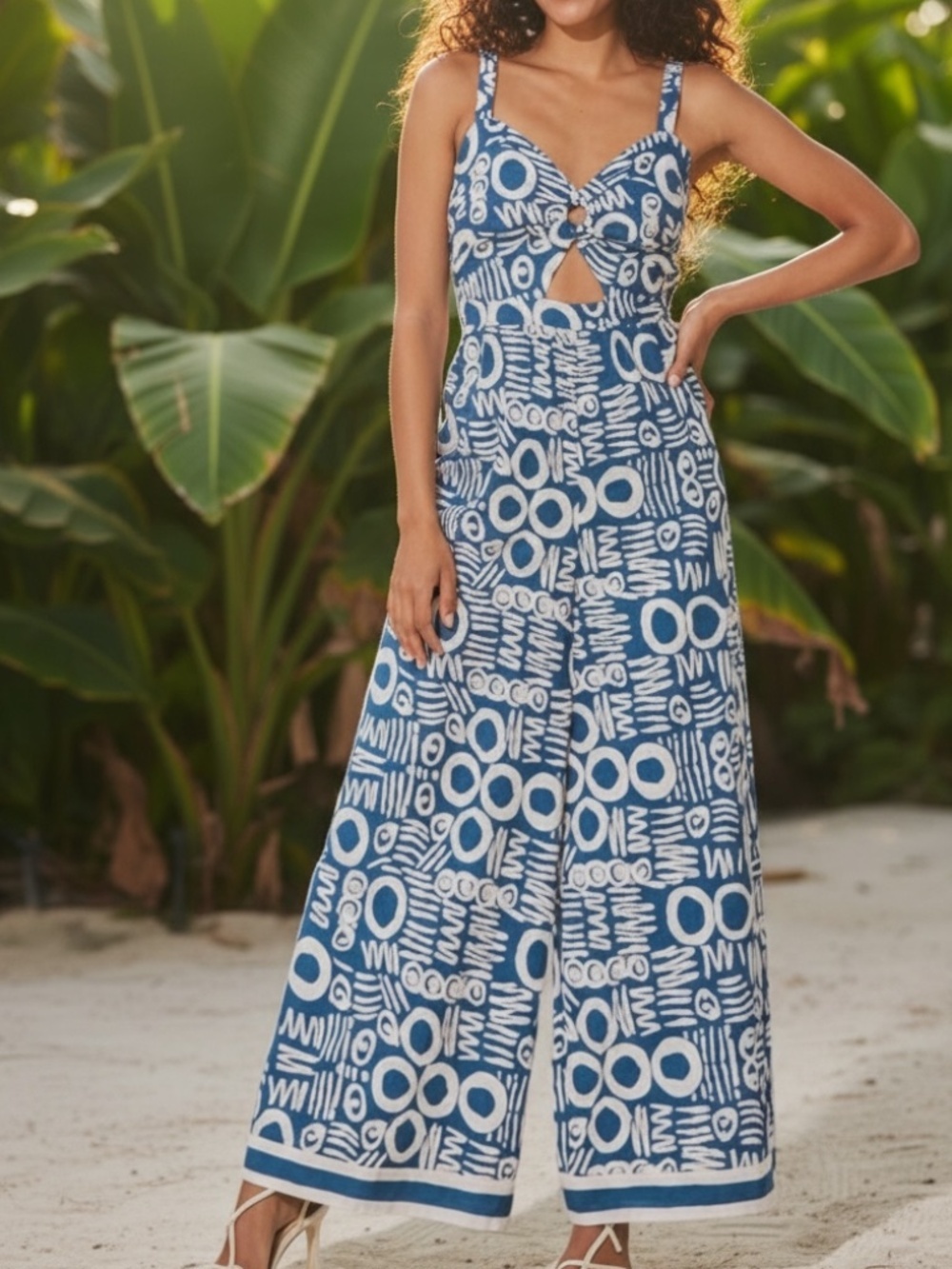 Cleobella Geometric Print Wide Leg Jumpsuit Size Small Boho Resort Cotton Casual
